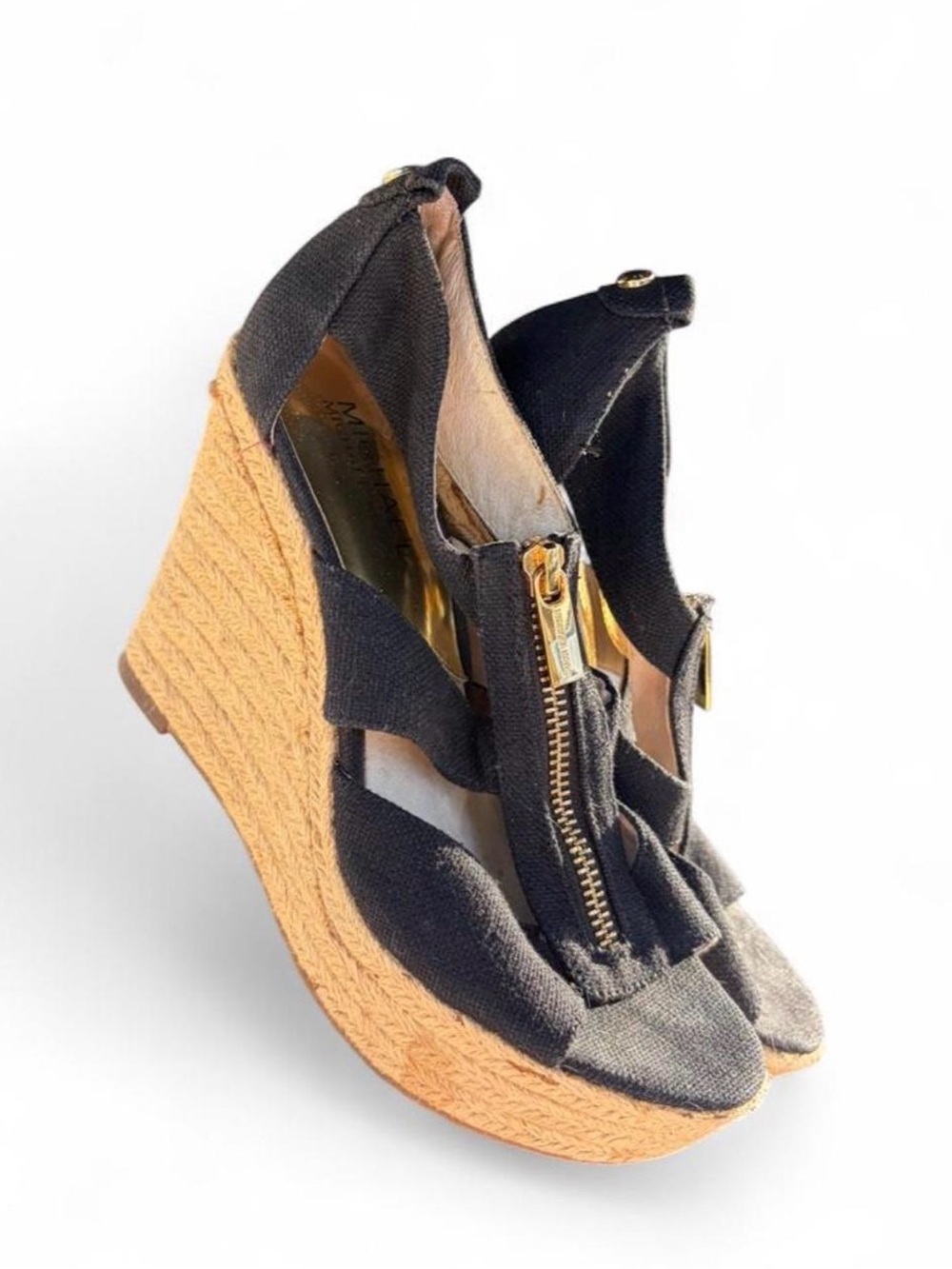Michael Kors Black Espadrille Wedge Sandals with Gold Zip